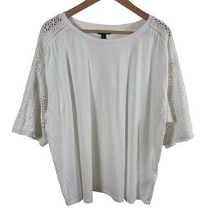 Lauren Ralph Lauren Lace Sleeve Tee Womens 2X White Cotton Modal Top Cottagecore